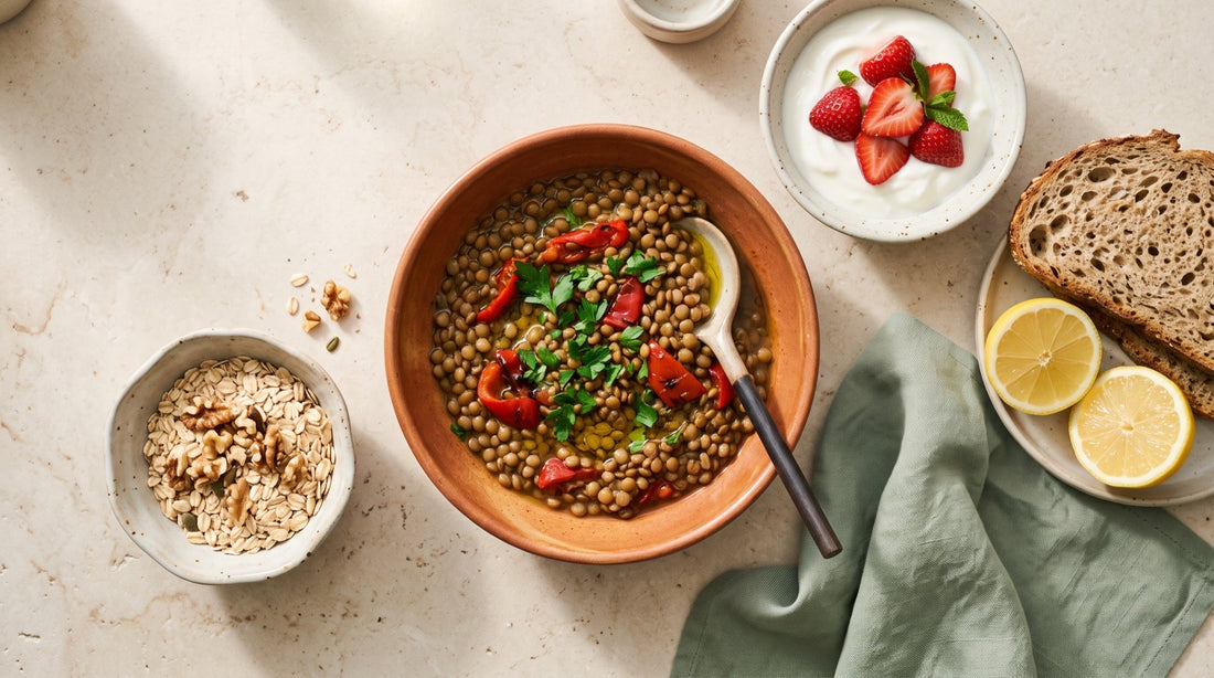 Lentils with roasted peppers, yogurt with berries, wholegrain bread, oats and lemon on an ivory tabletop