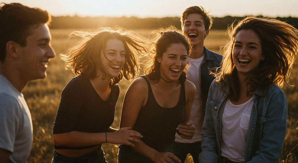 Friends laughing together outdoors at sunset